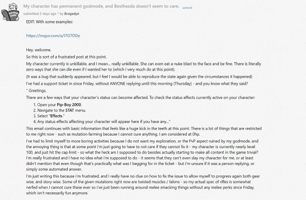 ผู้เล่น Fallout 76 ขอร้องอ้อนวอน Bethesda ช่วยแก้ไขบัคที่ทำให้ตัวละครอมตะสักที