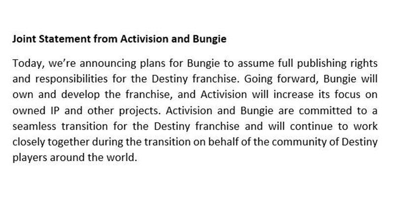 Bungie กลายเป็นสตูดิโออิสระพร้อมกับกำลิขสิทธิ์เกมซีรี่ส์ Destiny ไว้อย่างเต็มที่